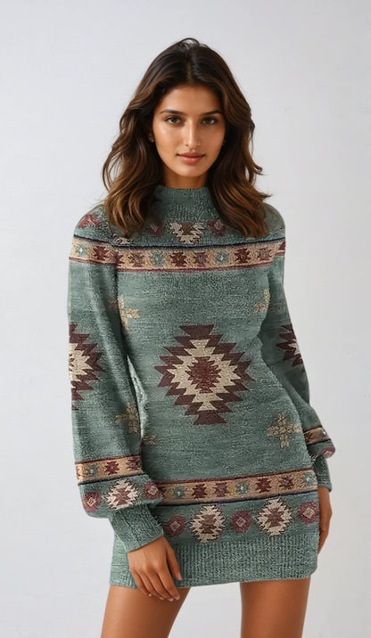 Bohemian Print Mini Dress with Long Sleeves and Slim Fit for Autumn