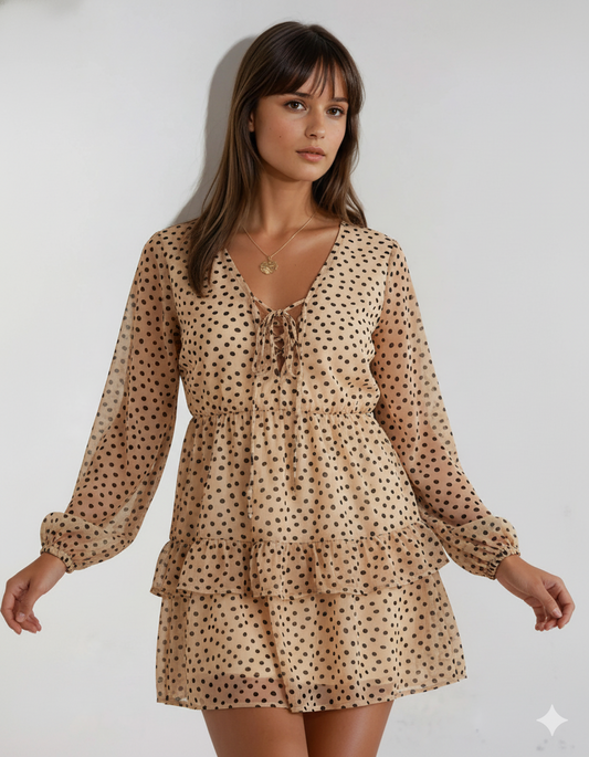 Flirty Leopard Print Chiffon Dress with V-Neck, Ruffles, and Long Sleeves
