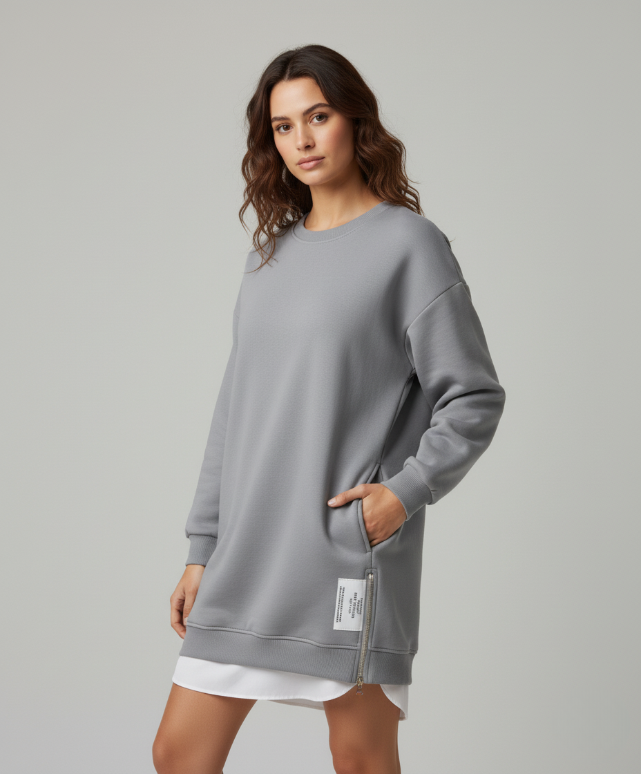 Plush Winter Sweatshirt Dress with Long Sleeves and Relaxed Fit
