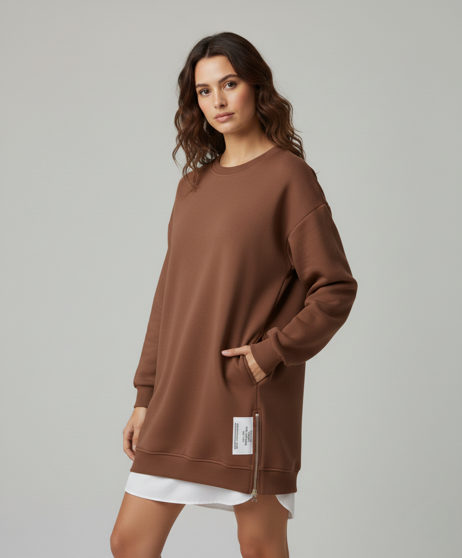Plush Winter Sweatshirt Dress with Long Sleeves and Relaxed Fit