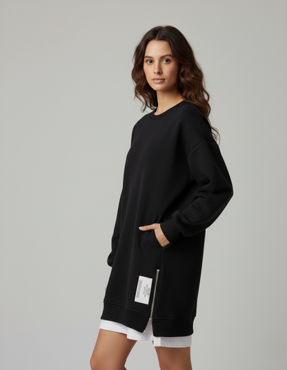 Plush Winter Sweatshirt Dress with Long Sleeves and Relaxed Fit