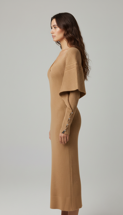 Elegant Knit Dress with Dramatic Shoulder Detail and Flattering Silhouette