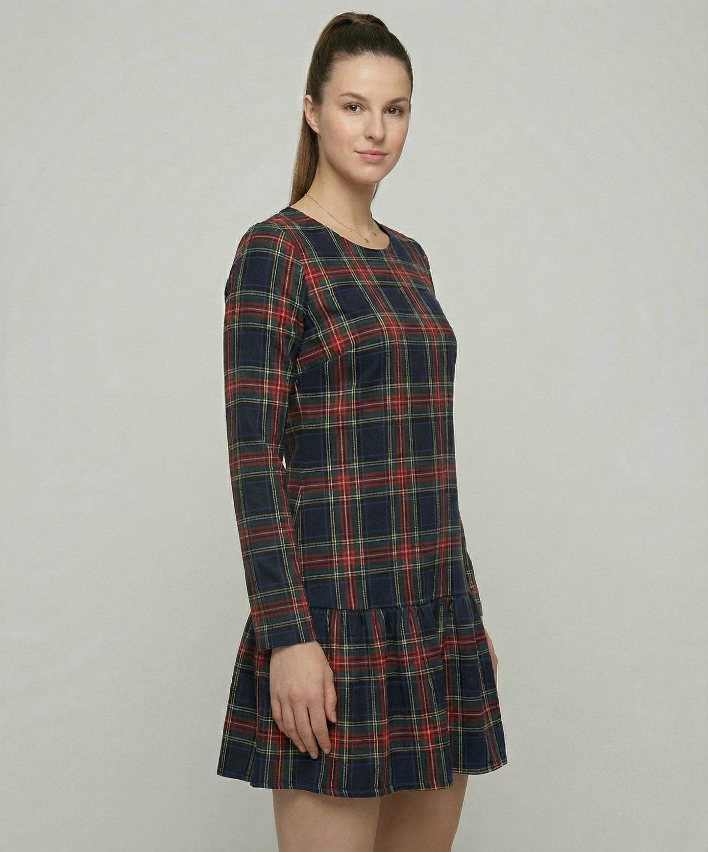Festive Red Plaid Christmas Dress with Ruffle Details and Warm Fabric
