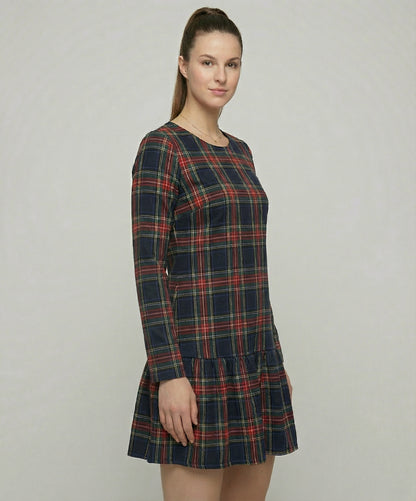 Festive Red Plaid Christmas Dress with Ruffle Details and Warm Fabric