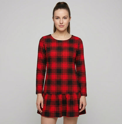 Festive Red Plaid Christmas Dress with Ruffle Details and Warm Fabric
