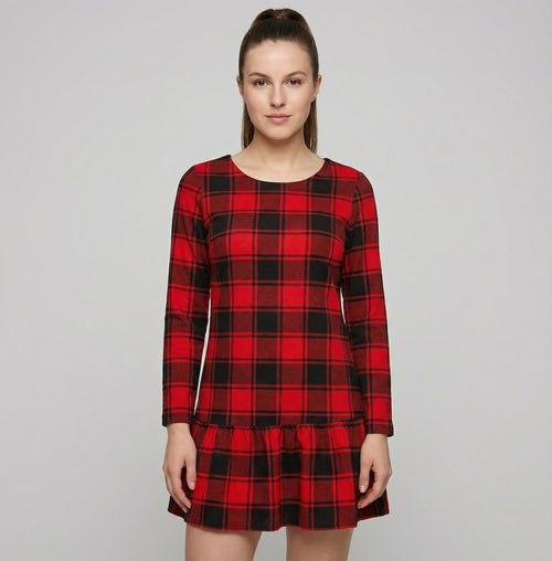 Festive Red Plaid Christmas Dress with Ruffle Details and Warm Fabric