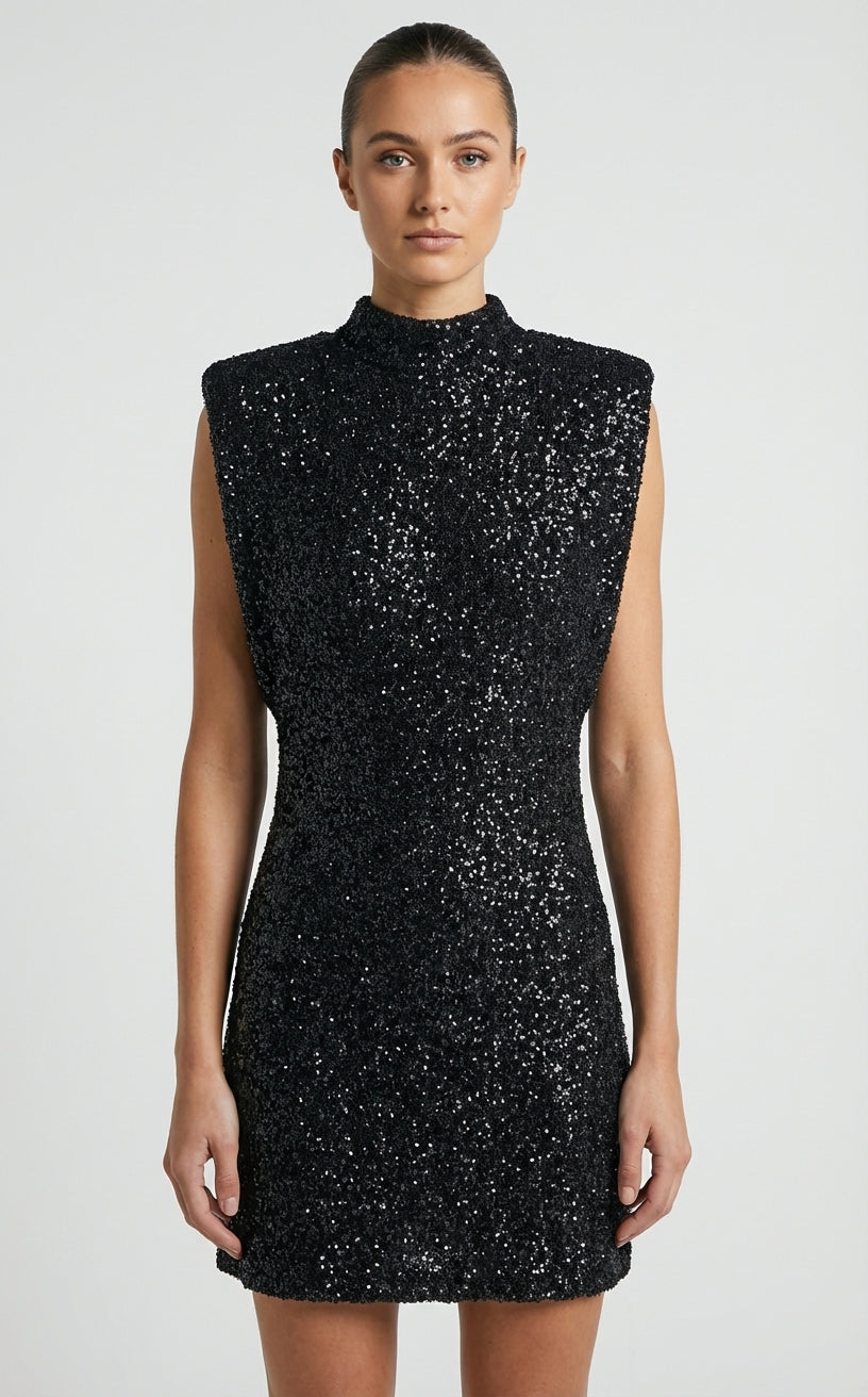 Timeless Sleeveless Mini Dress with Padded Shoulders and Beaded Accents