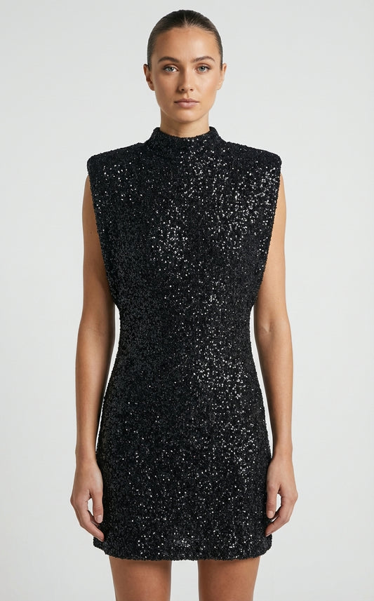 Timeless Sleeveless Mini Dress with Padded Shoulders and Beaded Accents