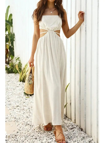Lightweight Cotton and Linen Dress with Lace-up Waist and Sleek Collar