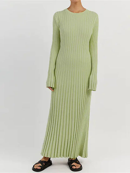 Elegant Ribbed Knit Maxi Dress with Long Sleeves for Autumn and Winter