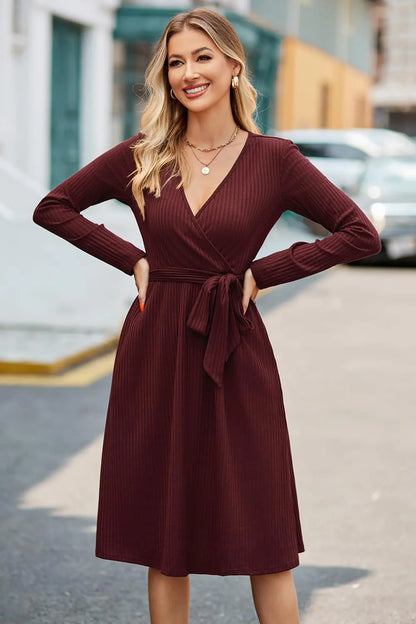 Wine Red V-Neck Ribbed Knit Sweater Dress with Belt and Pockets
