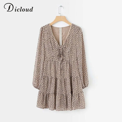 Flirty Leopard Print Chiffon Dress with V-Neck, Ruffles, and Long Sleeves