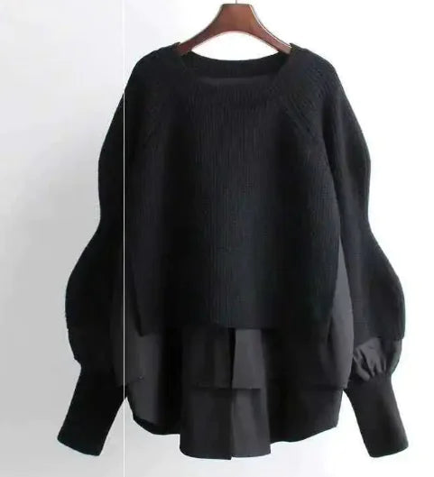 Chic Knit Layered Sweater Set with Splicing Design and European Style