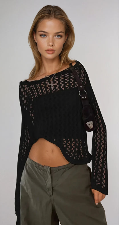 Chic Hollow-Out Long Knit Sweater with Intricate Detailing and Flattering Silhouette