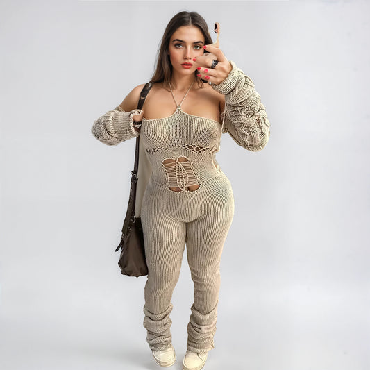 Boho Crochet Knit Jumpsuit with Distressed Details and Relaxed Fit