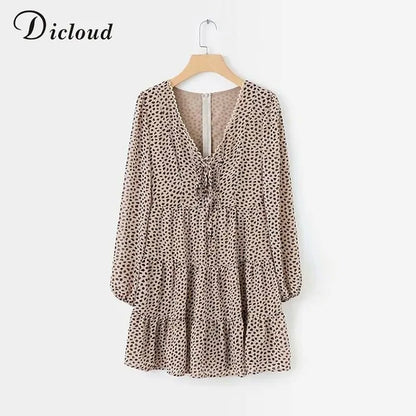 Flirty Leopard Print Chiffon Dress with V-Neck, Ruffles, and Long Sleeves