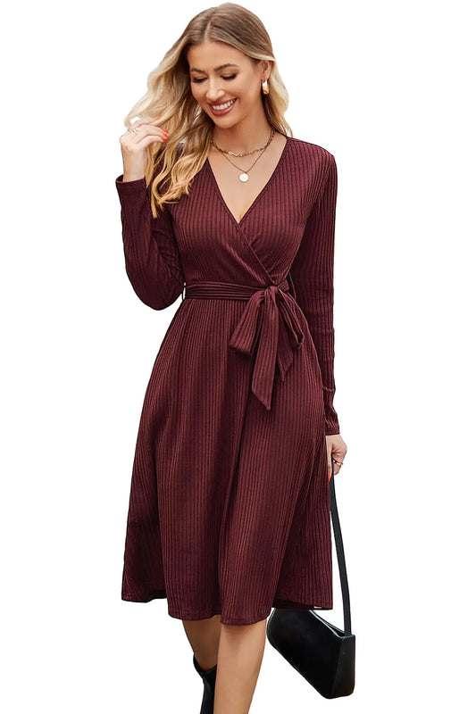 Wine Red V-Neck Ribbed Knit Sweater Dress with Belt and Pockets