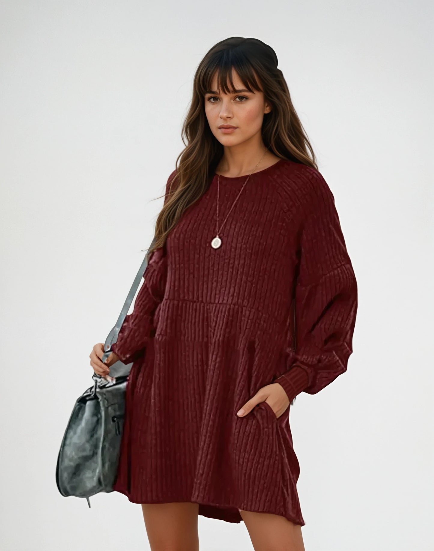 Cozy Long Sleeve Cotton Knit Dress with Flattering A-Line Silhouette