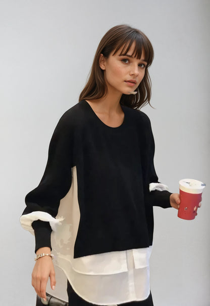 Chic Knit Layered Sweater Set with Splicing Design and European Style