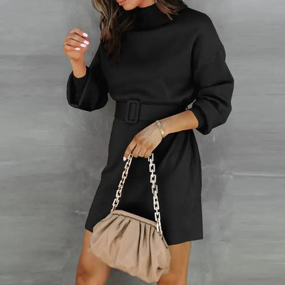 Chic Turtleneck Sweater Dress with Adjustable Belt and Cozy Knit Fabric