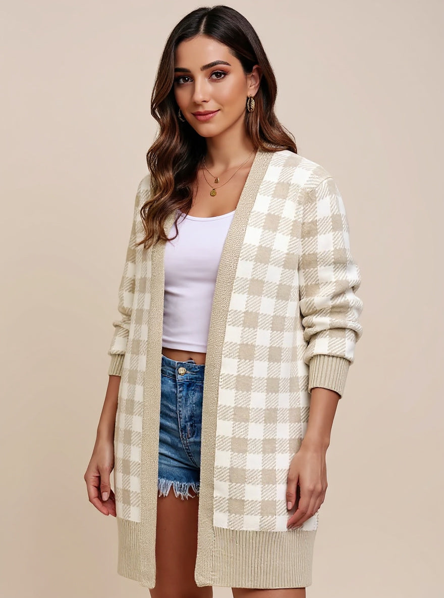 Plaid Open-Front Longline Cardigan, view 2