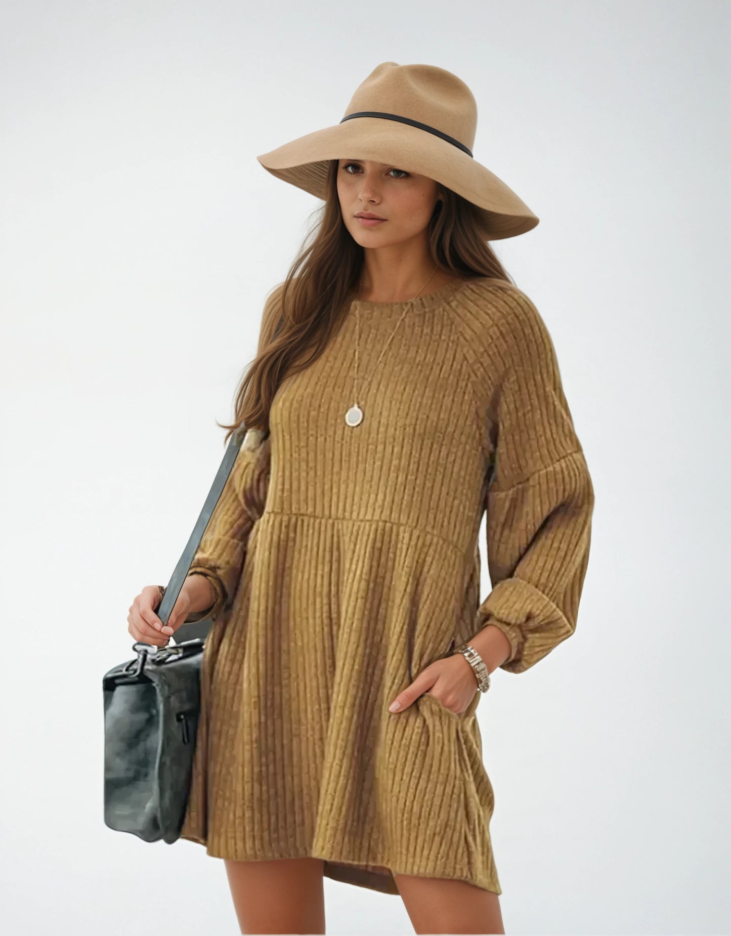 Cozy Long Sleeve Cotton Knit Dress with Flattering A-Line Silhouette