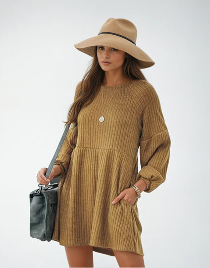 Cozy Long Sleeve Cotton Knit Dress with Flattering A-Line Silhouette