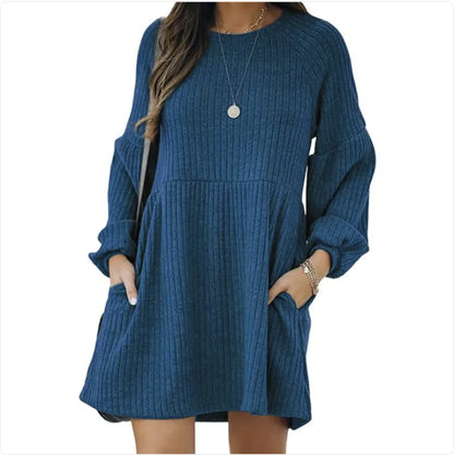 Cozy Long Sleeve Cotton Knit Dress with Flattering A-Line Silhouette