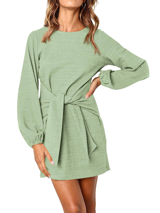 Elegant Lantern Sleeve Knit Dress with Tie Waist in Bean Green
