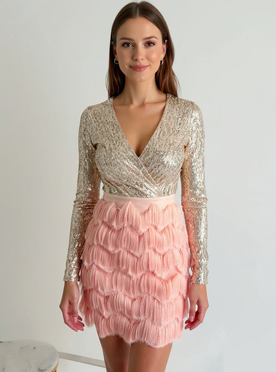 Sequin Feather-Hem Party Dress, view 2