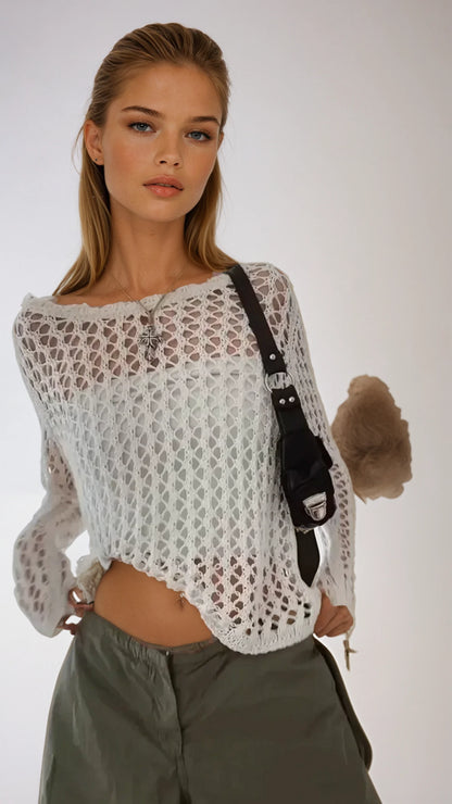 Chic Hollow-Out Long Knit Sweater with Intricate Detailing and Flattering Silhouette