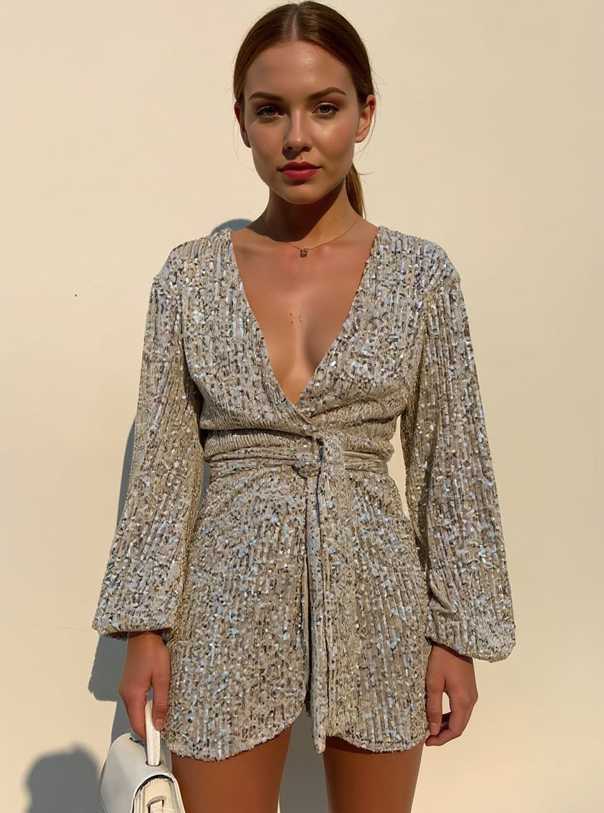 Sequin Tie-Waist Wrap Dress