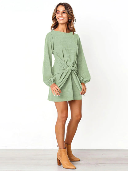 Elegant Lantern Sleeve Knit Dress with Tie Waist in Bean Green