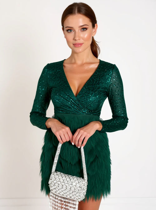 Sequin Feather-Hem Party Dress