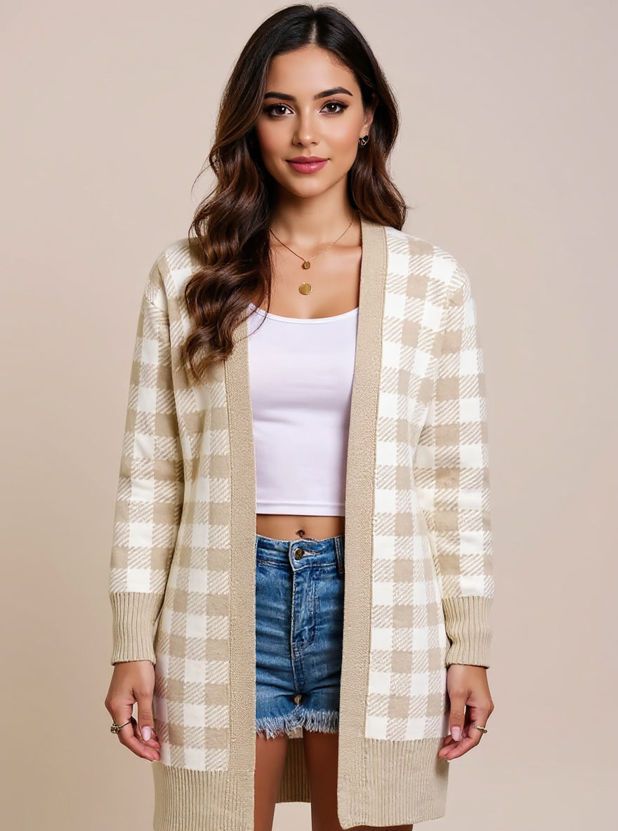 Plaid Open-Front Longline Cardigan