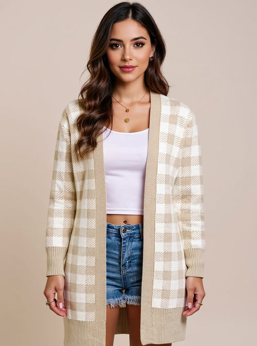 Plaid Open-Front Longline Cardigan