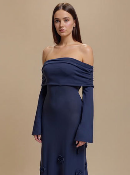 Off-Shoulder Rose Knit Maxi Dress, view 3