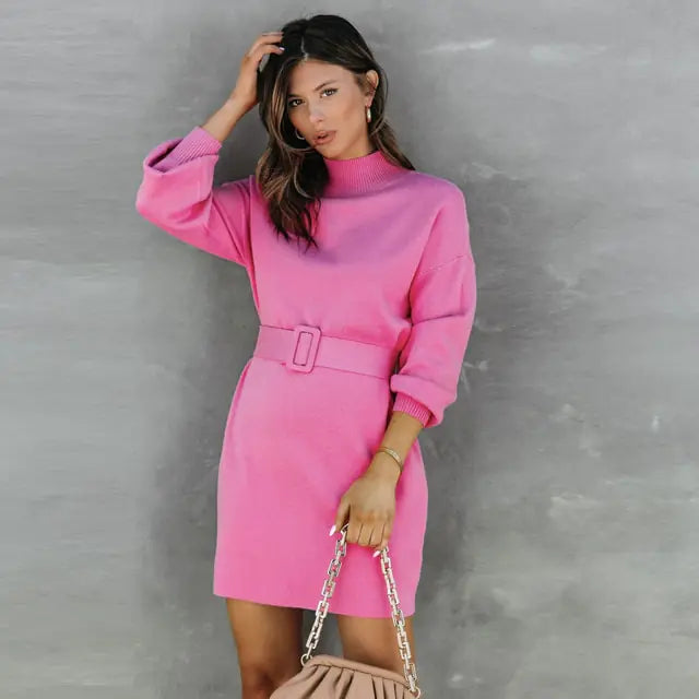 Chic Turtleneck Sweater Dress with Adjustable Belt and Cozy Knit Fabric