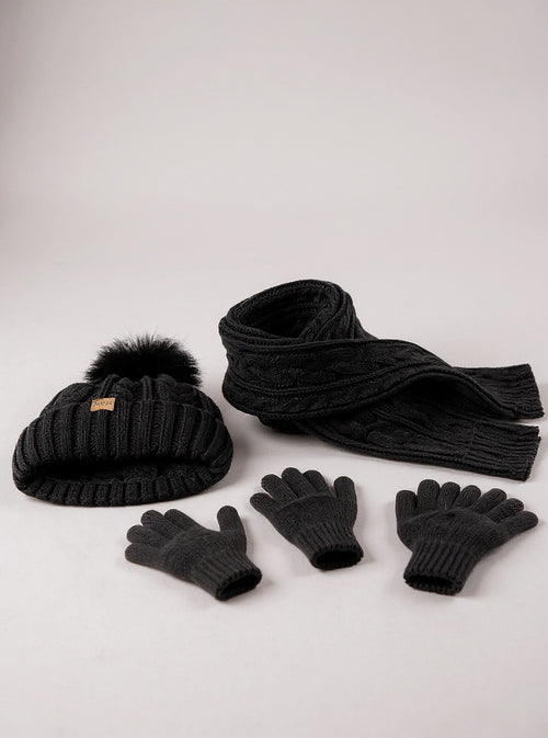 Pom-Pom Beanie, Scarf & Glove Set