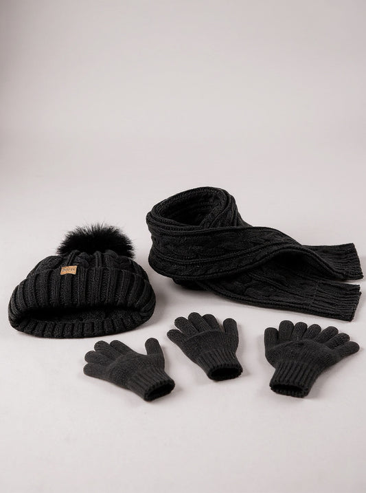 Pom-Pom Beanie, Scarf & Glove Set