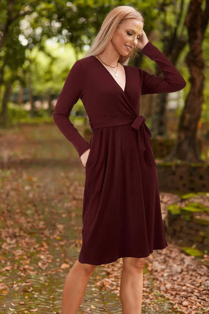 Wine Red V-Neck Ribbed Knit Sweater Dress with Belt and Pockets