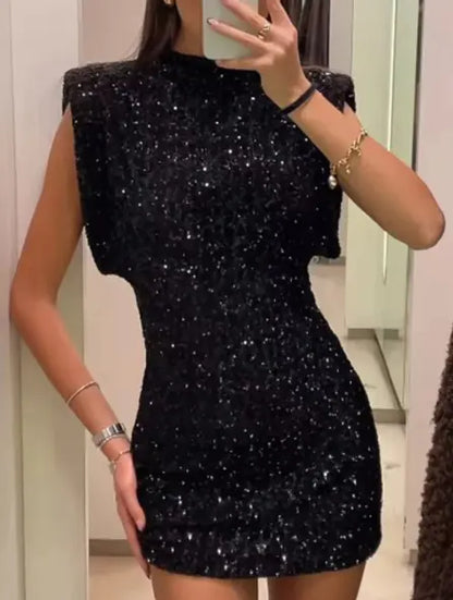 Timeless Sleeveless Mini Dress with Padded Shoulders and Beaded Accents