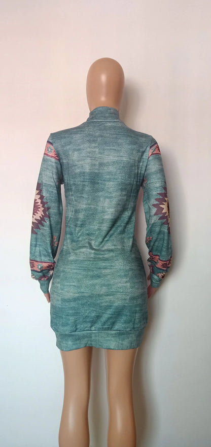 Bohemian Print Mini Dress with Long Sleeves and Slim Fit for Autumn