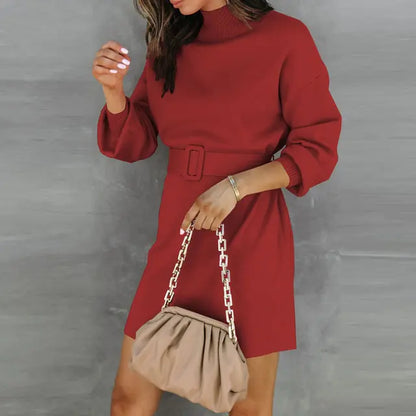 Chic Turtleneck Sweater Dress with Adjustable Belt and Cozy Knit Fabric