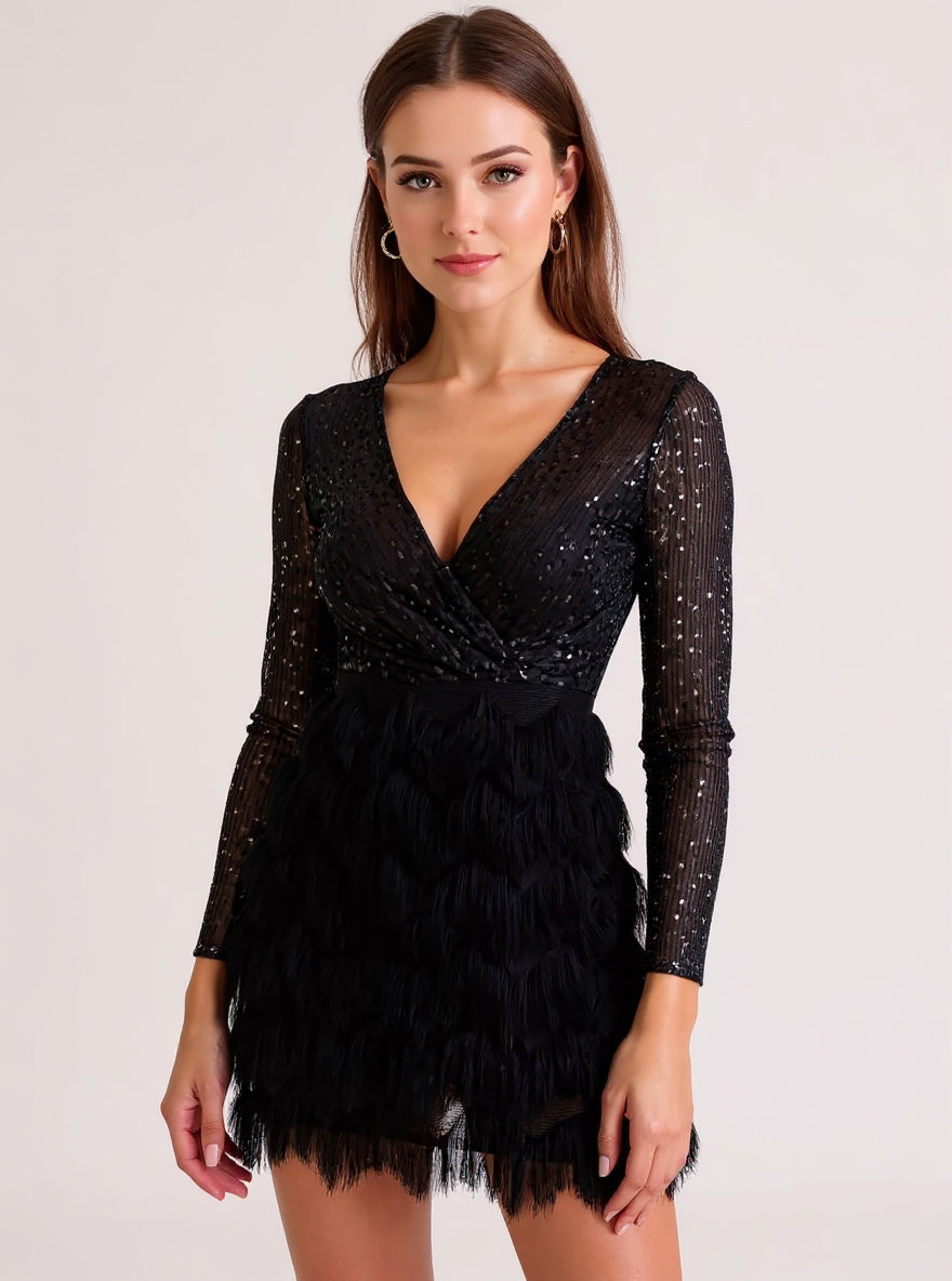 Sequin Feather-Hem Party Dress, view 4