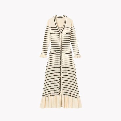 Chic Striped Knit Midi Dress with Flattering Fit and Versatile Style