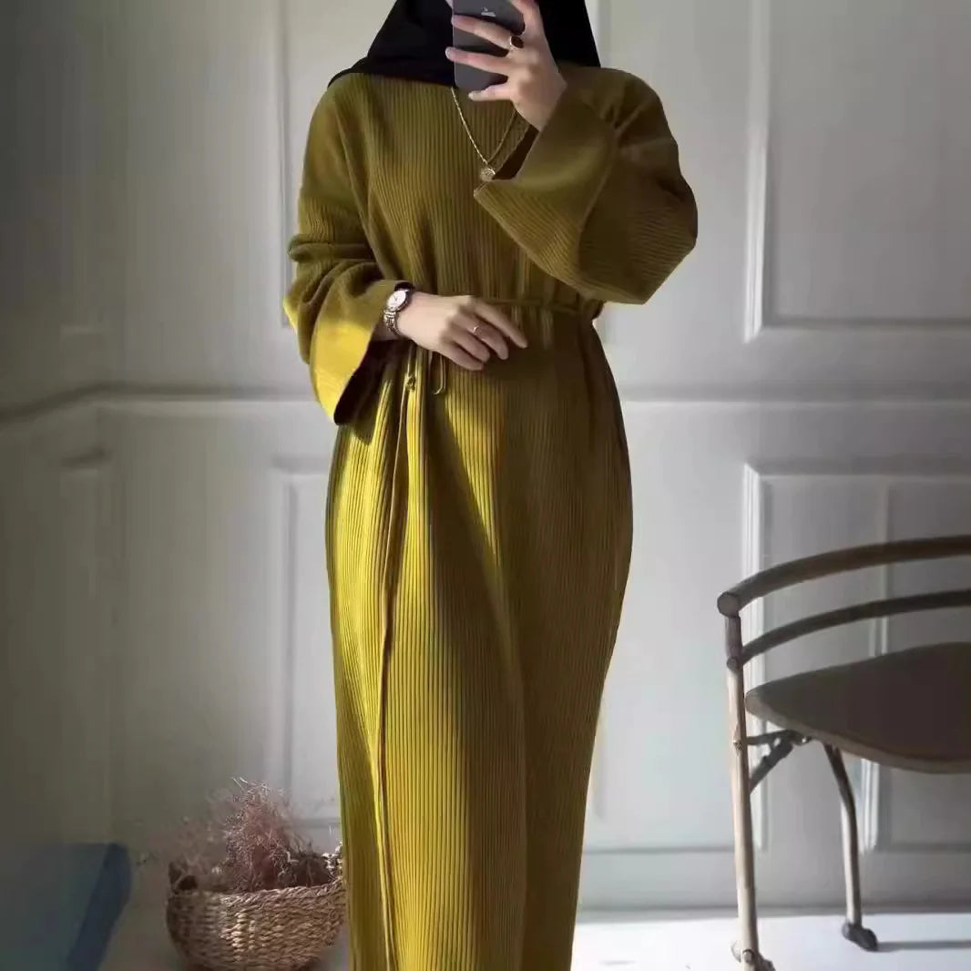 Casual Knit Dress with Lace-Up Front and Long Sleeves