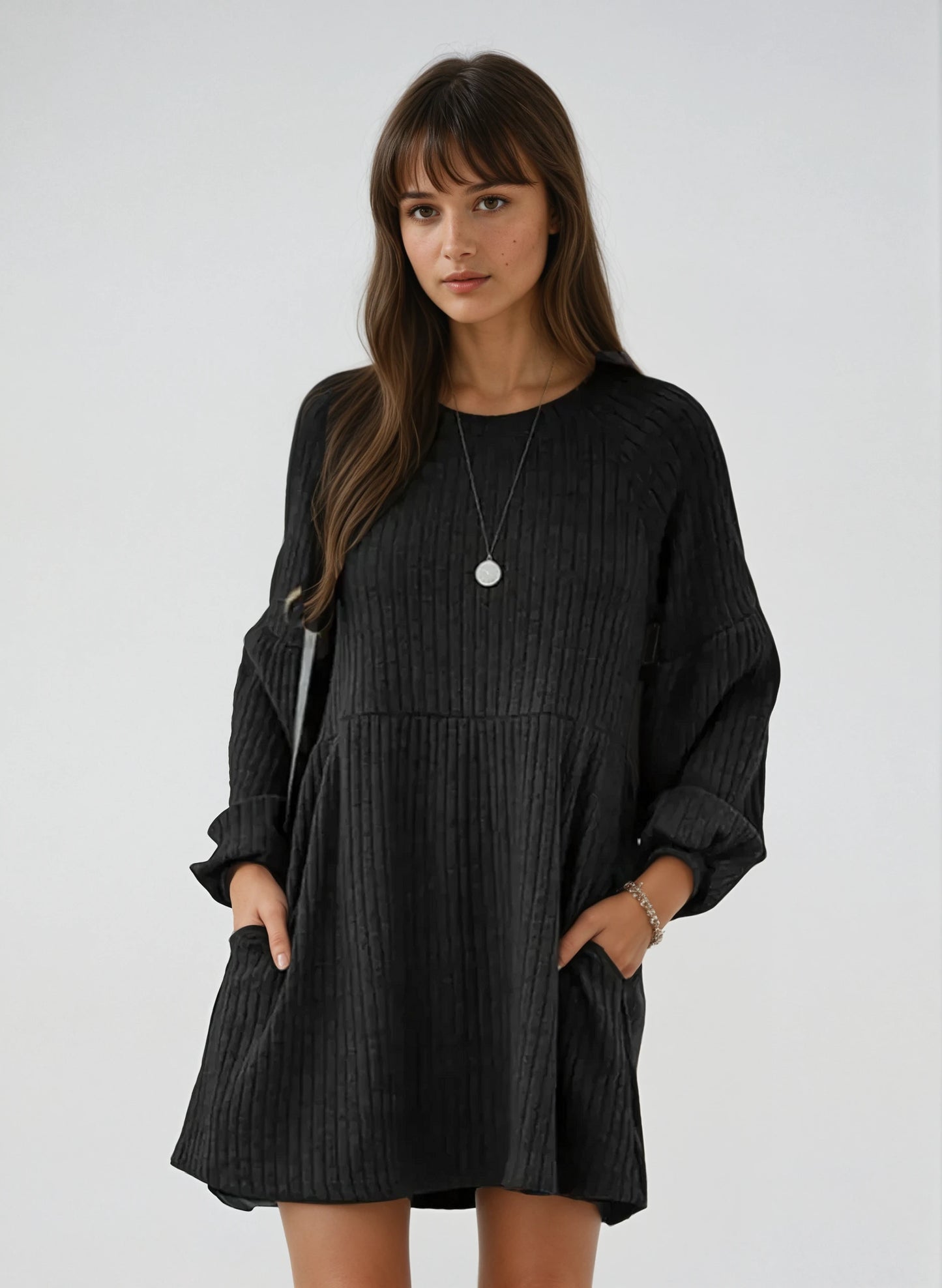 Cozy Long Sleeve Cotton Knit Dress with Flattering A-Line Silhouette