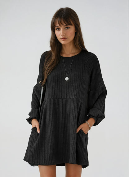 Cozy Long Sleeve Cotton Knit Dress with Flattering A-Line Silhouette