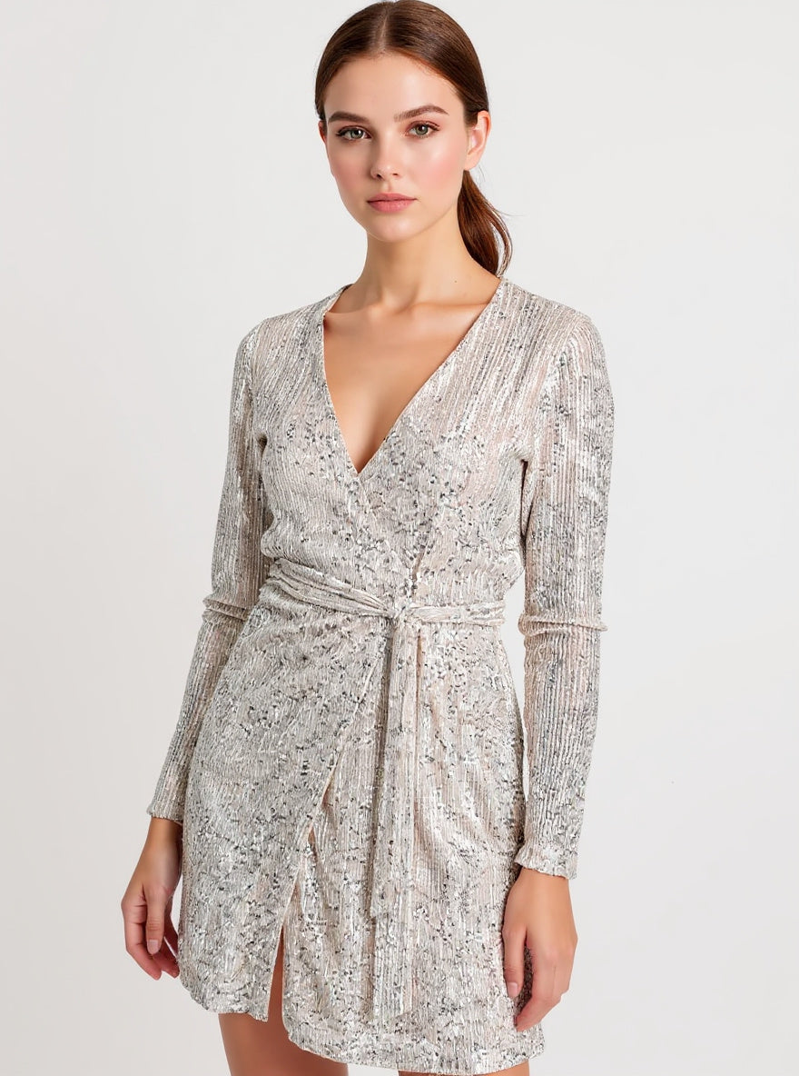 Sequin Tie-Waist Wrap Dress, view 2
